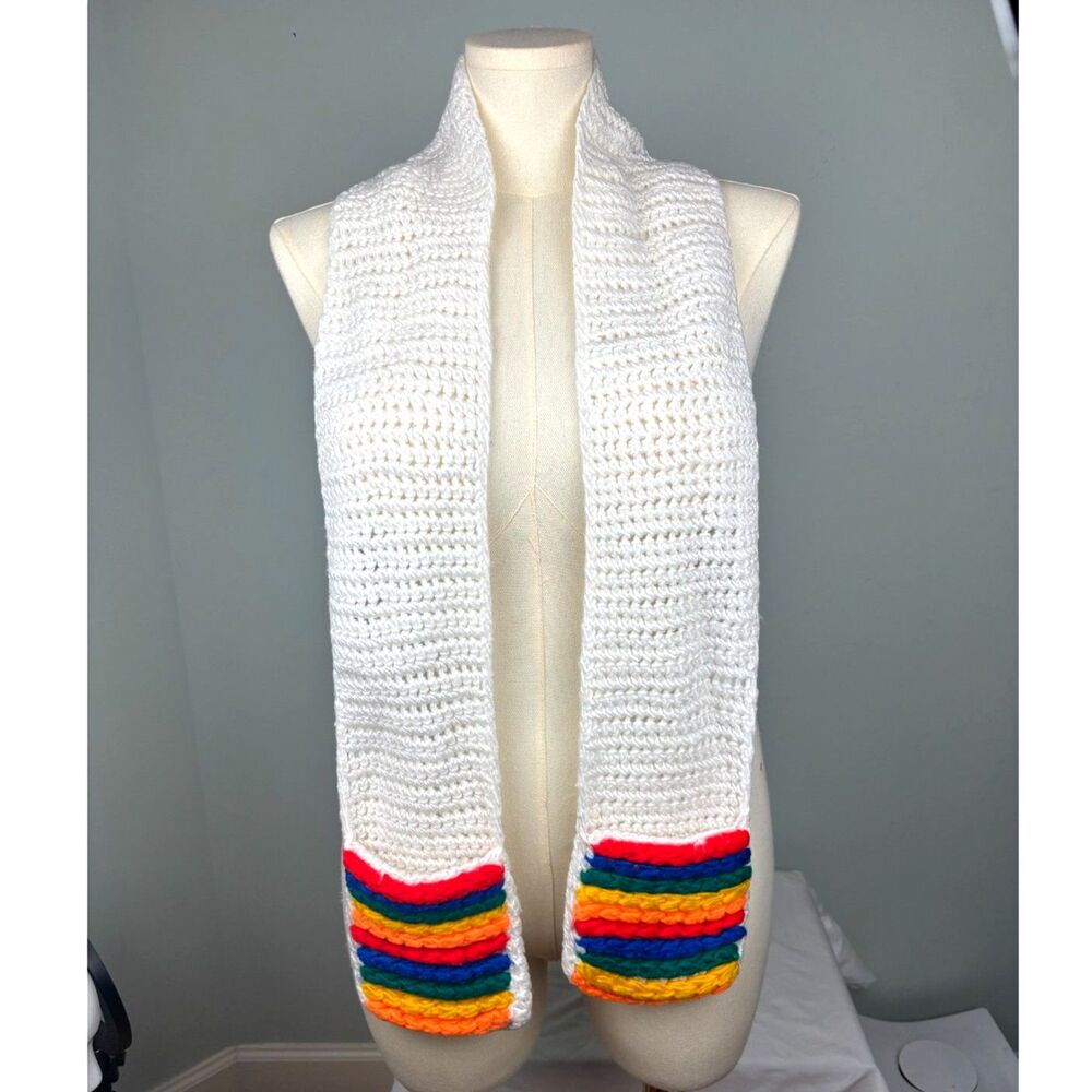 Handmade Knit White Rainbow Whimsy Dopamime Kidcore Scarf/Hand Mitts Adult Teen